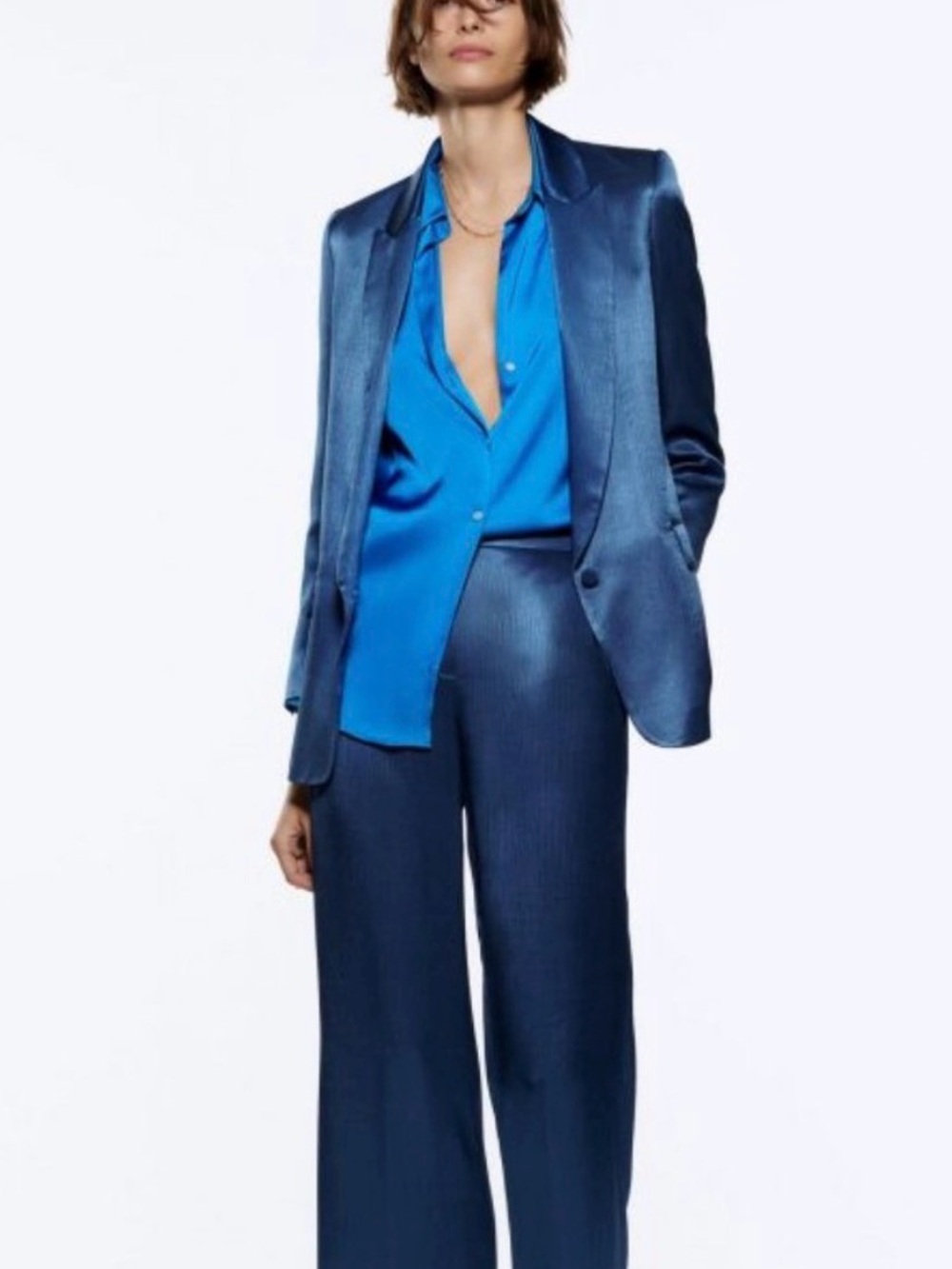 Zara wrinkle satin effect wide leg pants blue NWT